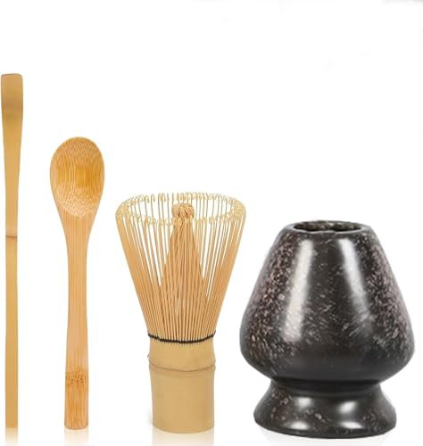Set Matcha Japonés 5 Piezas – Kit Té Matcha con Batidor Chasen Cuchara Chashaku Tazón Soporte y Cucharilla – Ideal para Ceremonia del Té – Negro