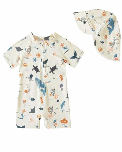 Bañador beber Niño Niña Protección UV 50, Traje De Baño con Gorro Bebe Fato Baño UV, Beige Oceam 3-6 Meses