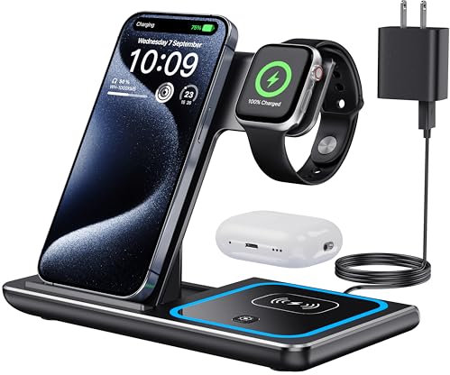 EXW Station de Charge 3 en 1, Chargeur Induction Iphone pour IPhone 17/16/15/14/13/12/Pro/Max, Station Charge Apple pour Apple Watch, Charging Station sans Fil pour AirPods 2/3/Pro(Noir)