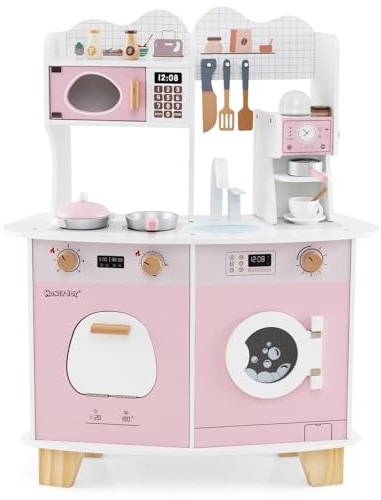 DREAMADE Kinderküche, Kinder Küche mit Kaffeemaschine Waschmaschine Mikrowelle, Mini Holzküche, Spielküche mit 15 TLG. Zubehör für Kleinkinder ab 3 Jahren