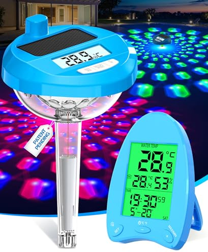 DeeprBlu 2026 Pool Thermometer Funk Solar, Poolthermometer Schwimmend mit Dynamische LED-Lichtshow & Duale Hintergrundbeleuchtung, 200 Meter Kabellose Übertragung, Poolthermometer Digital Funk für Spa
