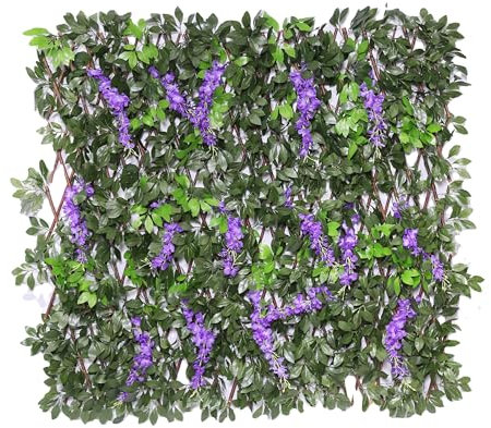 AAMEN Artificial Expanding Wisteria Leaf Trellis Garden Outdoor Fence Privacy Panel Hedge Purple, Artificial Wall Panel Decoration for Outdoor Garden Decor