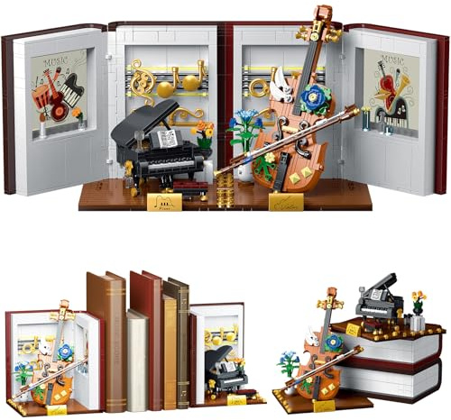 Mostop 3 in 1 Music Themed Book Nook Kit, Klavier & Violine Buch Stand Modell Spielzeug Mehrere Formen, Musikinstrument Buchstütze Baukasten mit LED Lichtern,Kreative Zimmer Idee für Kinder/Erwachsene
