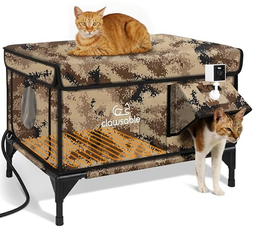 Indestructible Heated Cat House with Pet Camera for Outside Winter, 100% Waterproof, Escape Door, Insulated Outdoor Cat Shelter with Heater for Feral Barn Cat Kitty (Desert Camouflage, 26x16x18)