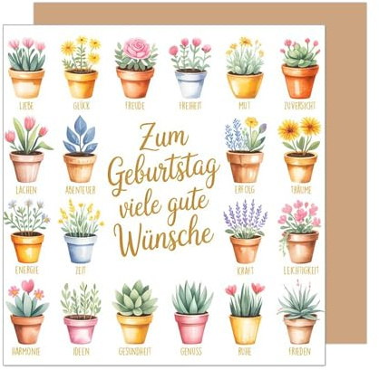 Edition Seidel Premium quadratische Geburtstagskarte mit Umschlag. Glückwunschkarte zum Geburtstag. Karte Mann Frau Blumen Pflanzen im Topf (GQ486 SW025)