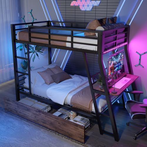 Zepneiy Lit Mezzanine 1 Place avec LED et tiroirs, lit Mezzanine avec Bureau, Lit Superposé Enfant 90x200 avec échelle et Balustrade, Noir(sans Matelas)
