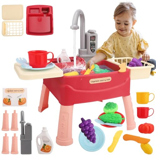 Kids Play Sink with Running Water, 23PCS Pretend Kitchen Sink Toy with Electric Faucet, Children's Play Kitchens & Toy Washing Machine, Water Play Toy Gift for Toddler Boys Girls Age 3 4 5