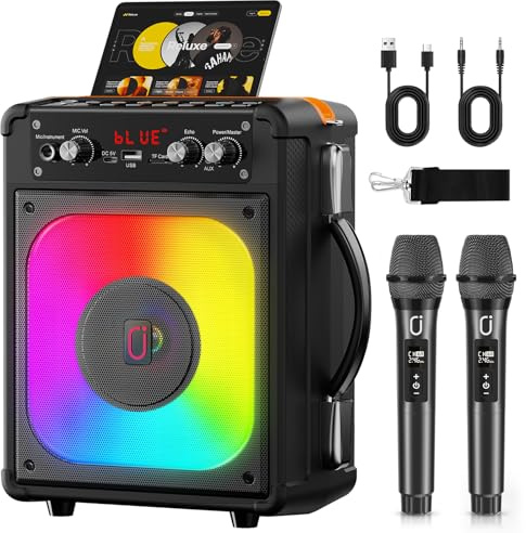 HWWR Karaoke Machine, Portable Bluetooth 5.3 Speaker with 2 Wireless 0 Delay Microphones, PA System with Echo Adjustment, Supports TWS/TF Card/USB/AUX/TV for Home Party, Backyard BBQ Stage Subwoofers