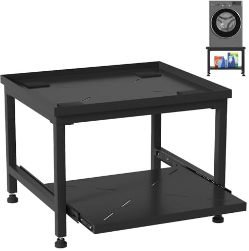 Fiqops Soporte para lavadora de 45 cm de alto, altura regulable, capacidad de carga de 200 kg, con estante extensible, antivibración, zócalo para secadora, frigorífico, lavadora, color negro