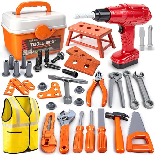 Kids Tool Set With Toy Drill,Construction Tools with Tool Box and Vest,Toddler Toys,Pretend Play Kids Toys Gifts for Boys Age 3 4 5 6 Years Old