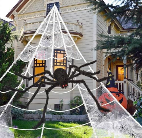 HKC Ragnatele Halloween Decorazioni,700cm x 550cm Ragnatele Gigante Halloween, Ragno Finta 150cm,con 20 Mini Ragni 40g Cotone Ragno, pour Decorazioni Casa/Interni/Esterni/Casa Stregata/Giardino