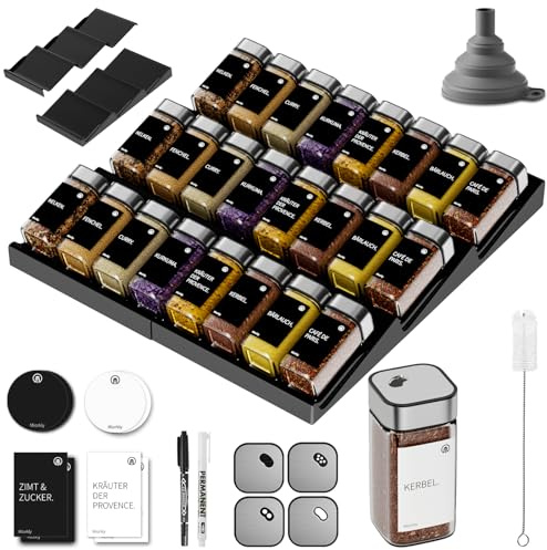 Miorkly Gewürzgläser Eckig Drehdeckel mit Regal [24 x 120ml] - Gewürzregal mit Gewürzdosen Set [Passend für alle Schubladen] Gewürz Organizer Schublade - Gewürzregal Schublade mit Gläsern