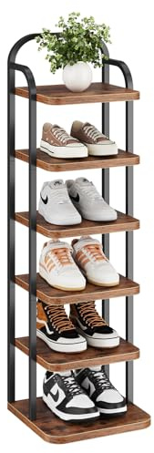 Dripex Vertikales Schuhregal mit 6 Ebenen, Schuhablage schmal Metall, Verstellbar Ablage, platzsparend für Eingangsbereich Wohnzimmer Schlafzimmer Flur, Vintagebraun-Schwarz