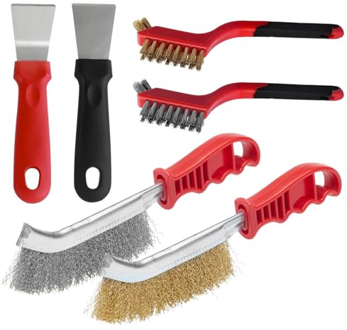 6-Piece Wire Brush and Scraper Set, 4 Brass and Stainless Steel Hand Wire Brushes with 2 Mini Scrapers for Rust Removal, Paint Stripping, Welding Slag and Metal Cleaning