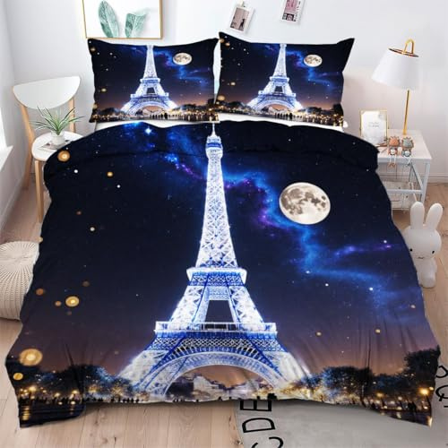 Gumntun Copripiumino Matrimoniale 240x220 cm Torre Eiffel Blu, Copripiumino 240x220 in Microfibra per Coppia Adulti, 3 Pezzi Set Di Biancheria Da Letto con Cerniera e 2 Federe 50x80 cm