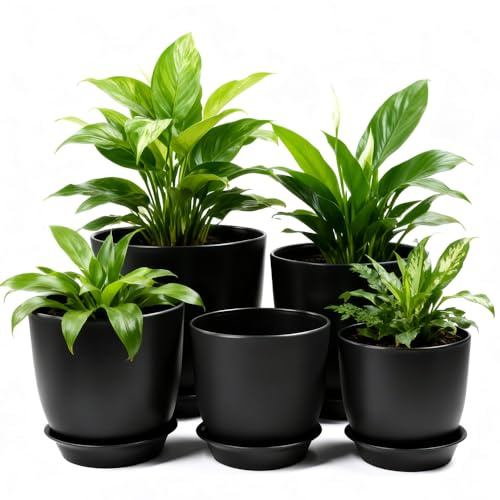 Huucozn 5 Pezzi Vasi per Piante Rotondi Vasi da Fiori in Plastica ø18/16/14/12,5/11,5cm Vasetti per Piante in Plastica con Sottovaso Vasi da Giardino per Fiori per Ufficio Esterno Balcone Giardino