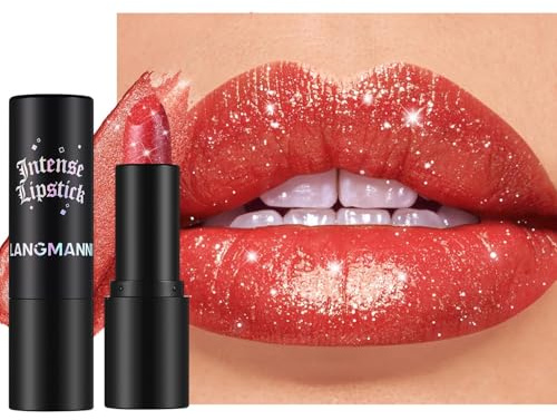 Diamond Glitter Lipstick,Gothic Glitter Lip Gloss,Pearl Shimmery Creamy Lips color, Hydrating Sparkling Shimmer Metallic Lipstick,High Pigmented Long Lasting LipGloss (Red)