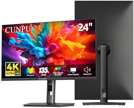 CUNPU 24 Zoll 4K Monitor, Höhenverstellbar, Mit 2 Lautsprecher, SRGB 135%, AdobeRGB 100%, IPS Panel, UHD (3840 x 2160), 1,07 Mrd.+ Farben, Sync, 2*DP/2*HDMI, Flacher Bildschirm,Schwarz