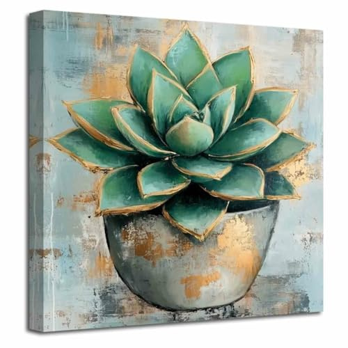 LZIMU Sukkulenten Badezimmer Kaktus Bilder Druck Abstrakt Grün Gold Botanisches Leinwandgemälde Tropische Pflanze Blumenposter Wohnzimmer Schlafzimmer Büro Dekor (Grau, (30L x 30B cm))
