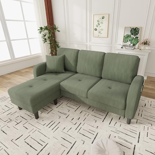 LinoraFurn 166x118x77cm,L-förmiges Ecksofa mit Chaiselongue – 3-Sitzer Sofa, Cordstoff, Kunststoffbeine, Modulares Design, Ideal für Wohnzimmer, Apartments und Büros (grün)