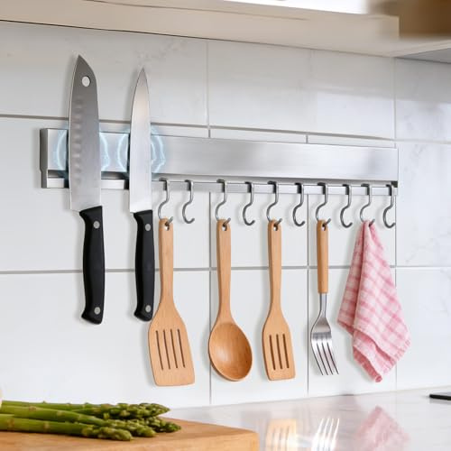 Portacuchillos magnético de pared de 40 Cm, acero inoxidable, sin taladrar, 10 ganchos, cinta adhesiva y tornillos incluidos, soporte de utensilios de cocina, organizador de cuchillos magnético