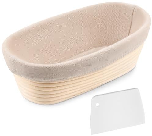 Apasiri Cesto de Fermentación Oval 28cm para Masa Madre, Banneton de Ratán Indonesio Tejido a Mano con Forro de Lino y Rasqueta para Masa, Canasta Profesional para Pan Sourdough