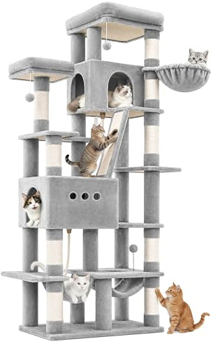 Hzuaneri Kratzbaum, 201 cm XXL Katzenbaum mit 9 Kratzsäulen, 2 Höhlen, 2 Hängematten, Große Plattform, Sisalseil, Korb, Schwerer Kratzbaum für Maine Coon, Große Katzen, Hellgrau 8320018LG