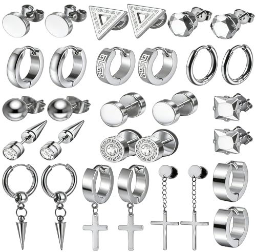 PacuM 15 par herrörhängen rostfritt stål silver zirkonia örhängen punk kors piercing örhängen runda coola kreoler dingla unisex lämplig för den dagliga vägen till arbete och fester