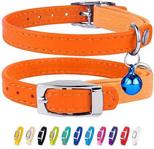CollarDirect Leder Katzenhalsband mit Sicherheitsverschluss 21,5 cm Orange, Elastischer Gurt und Glocke für Kleine Katzen