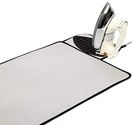 Encasa Homes Ironing Mat/Pad - Metallic Silver (70x50 cm) with 5mm Foam Padding & Silicone Iron Rest for Steam Pressing on Tabletop or Bed - Heat Reflective, Portable, Quilting