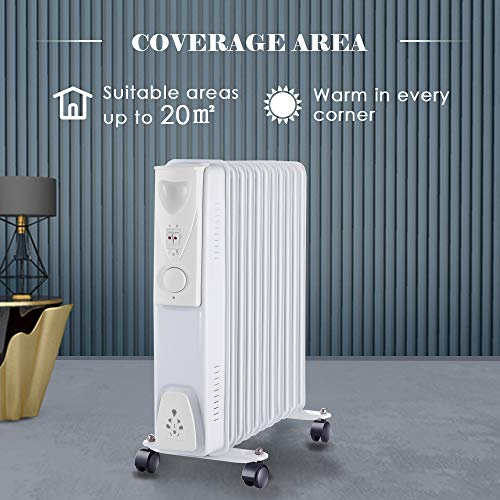 NRG Portable Oil Filled Radiator Electric 2.5KW 11 Fin Heater White | with 3 Power Settings, Adjustable Thermostat