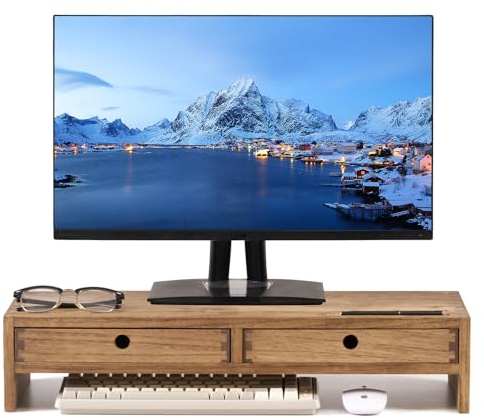 KIRIGEN soporte de madera para monitor con 2 cajones organizador de sobremesa para ordenador altavoz TV soporte para impresora portátil soporte de sobremesa para oficina color marrón