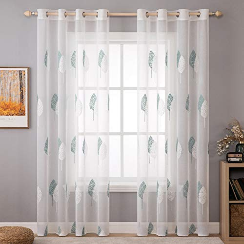 MIULEE Wohnzimmer Vorhänge Transparent mit Türkis und Weiss Blätter Muster, Modern Stickerei Gardinen Ösen für Schlafzimmer Deko, 2er Set Schöne Blätter Muster Vorhang Fenster H 215 x B 140
