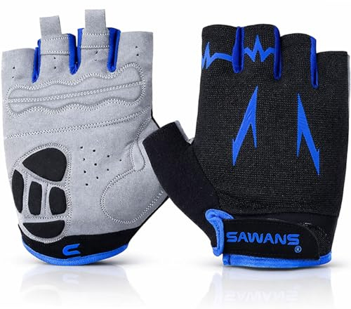 SAWANS Guantes de Ciclismo Medio Dedo Mountain Road Bike Guantes de Ciclismo Antideslizantes Amortiguadores Acolchados Transpirables MTB Bicicletas Ciclismo Guantes Deportes Hombres Mujeres (Azul, L)