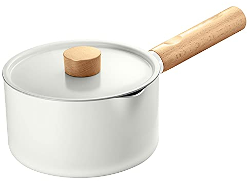 Liudan Padella Pot casseruola pericolosa Salsa Antiaderente Pentola Pentola Piccola con Coperchio/Impugnatura in Legno massello Piccola pentole di Latte di Latte (Bianco) Padella Antiaderente