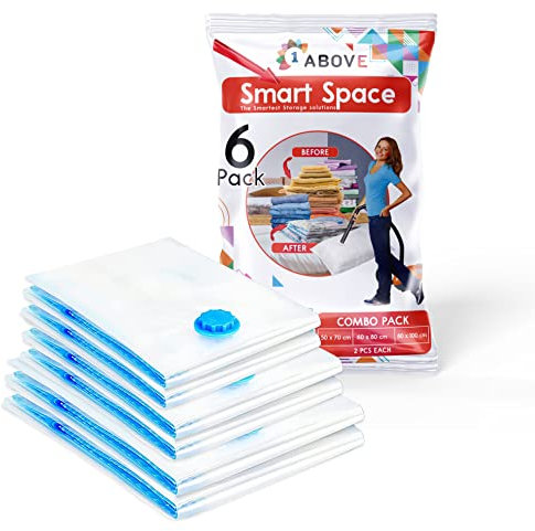 1ABOVE Pack of 6 Vacuum Compressed Storage Bags, Mould Moisture and Bug Proof, Double Zip High Sealing Triple Air Leak Patent Valve for Maximum Compression (MIX PACK)