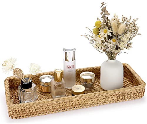 IGNPION Rattan Serving Tray Decorative Display Tray Table Storage Tray Toilet Tank Paper Tray Desktop Organiser Tray for Kitchen, Makeup, Vanity, Napkin, Candle, Ornament, 40cm