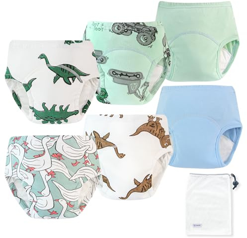 EZ Moms 6 Packs Absorption Toddler Potty Training Underwear for Boys 100% Cotton Toilet Training Pants 5T Leakproof Reusable Kid Confident Toddler Panties Dinosaur Pee Pants with Potty Sticker Chart