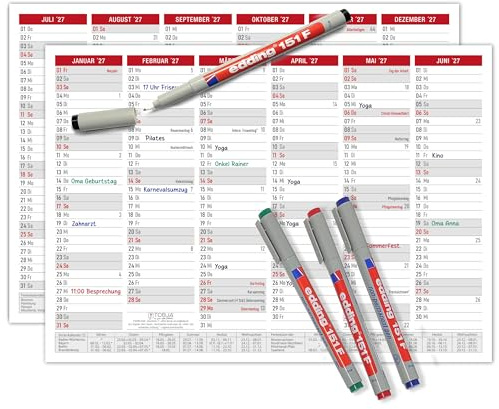 TOBJA® Tafelkalender 2027 abwischbar - Wandkalender 2027 A4 Rot inkl. 4 Stifte - mit Ferien, Feiertagen & KW, wiederbeschreibbar, extra dickes Papier, Robuster Kalender A4