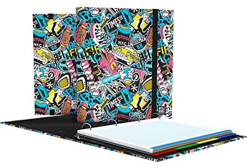 Grafoplás | 4 Ringordner mit Ersatz | A4 | Inklusive 100 karierten 5 x 5 Blatt | Trennblätter | transparenter Umschlag | Bits & Bobs Pop Up Design | NYC | Carpebook | FSC