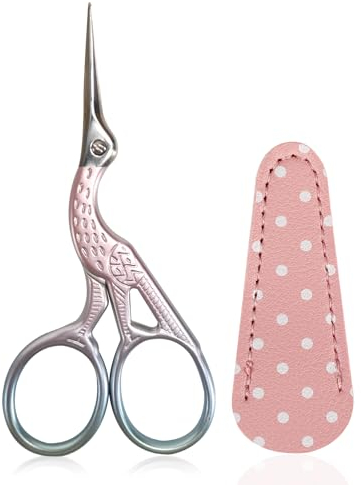 SwirlColor Stickschere, Edelstahl Storch Fadenschere Kleine Handwerksschere zum Nähen von Kreuzstich Nadelarbeit Faden mit PU Schere Abdeckung mit Rosa