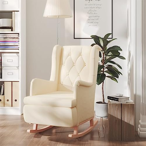 DYRJDJWIDHW Sessel,stillsessel,schaukelstuhl Wohnzimmer,Schaukelsessel mit Kautschukholz-Beinen Creme Stoffpapasansessel,relaxliege,Rocking Chair,stillstuhl,