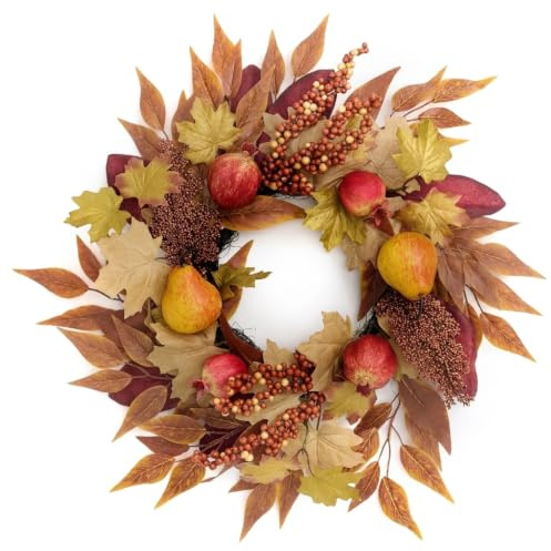 Valery Madelyn 45cm Herbstdeko Türkranz,Kranz mit Künstliche Früchte Birnen | Birnen,Granatapfel,Ahornblatt für Haustür,Deko Tisch Wand Fenster Party,Geschenk Fall Decor Thanksgiving Halloween,Rot