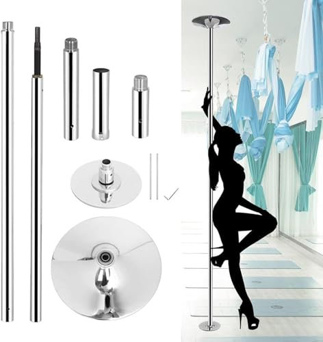 SAFWELAU Dance Stange Pole Dance Stange für Zuhause mit 2,24 m bis 3,8 m hoher Decke, 45 mm rotierendes statisches Tanzstangen-Set, Fitnessübung für Anfänger, Belastbar mit 200 kg (Color : Silver, S