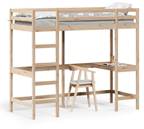 Homgoday Hochbett mit Schreibtisch, Bettgestell Etagenbett Stockbett Jugendhochbett, ohne Matratze 75x190 cm Massivholz Kiefer