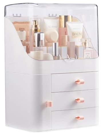 BTGGG Multi-Function Makeup Organiser Dust-Proof Make-up Organiser Storage with brush holder and lip slots, Waterproof Cosmetic Storage Box with 3 Drawers for Bedroom Bathroom Desktop, White