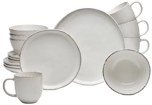 Van Well Service combiné Urban 16 pièces crème pour 4 personnes au design moderne en grès avec bols à céréales, tasses à café, assiettes à dessert et assiettes plates