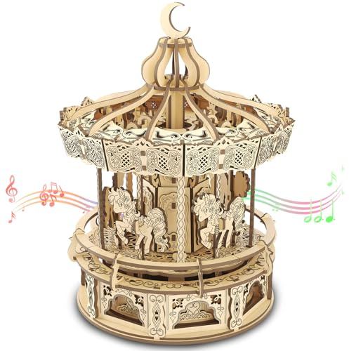 3D Holzpuzzle Spieluhr Bausatz, DIY Romantisches Karussell Mechanischer Modellbaukasten, Kreativer Holzbausatz für Jugendliche und Erwachsene, Perfekter Geburtstag für Jungen Mädchen 14+ (Karussell)