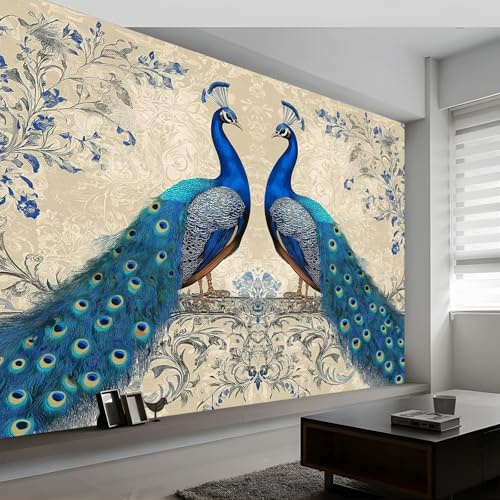 Papier Peint Intissé Style Rétro Fleur Paon 200 x 140 cm (L x H), Décoration Murale Poster Tableaux Muraux Tapisserie Papier peint Photo Style Vintage pour Salon Chambre de Enfants Décor Fond TV