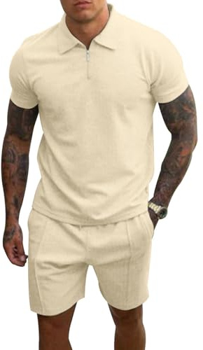 PRIVIMIX Chándal de Verano para Hombre 2 Piezas Manga Corta Camisetas de Polo y Correr Conjunto de Camisas Pantalones Cortos Negocios Ropa de Ocio Caqui 3XL